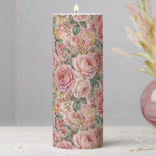Roses Dusty Rose Charming Artistic Sage Green Gold Pillar Candle