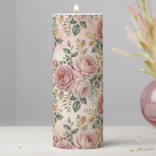 Roses Dusty Rose Charming Artistic Sage Green Gold Pillar Candle