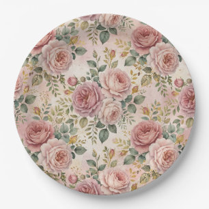 Roses Dusty Rose Elegant Charm Sage Green Gold Paper Plates