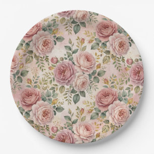 Roses Dusty Rose Elegant Charm Sage Green Gold Paper Plates