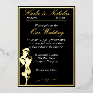 Roses, Elegant Black Wedding, Gold Foil Invitation
