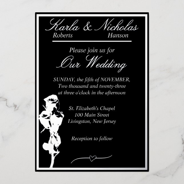 Roses, Elegant Black Wedding, Silver Foil Invitation (Front)