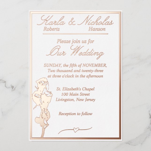 Roses, Elegant White Wedding, Rose Gold Full Foil Invitation (Front)