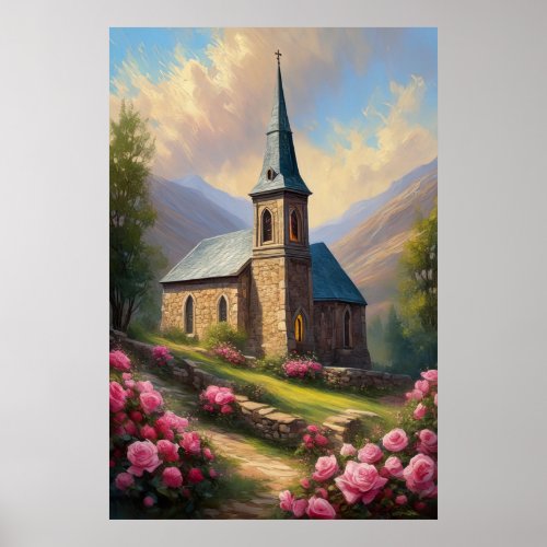 Roses Embrace A Medieval Church Poster