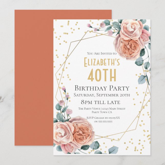 Roses & Eucalyptus Floral 40th Birthday Party  Invitation (Front/Back)