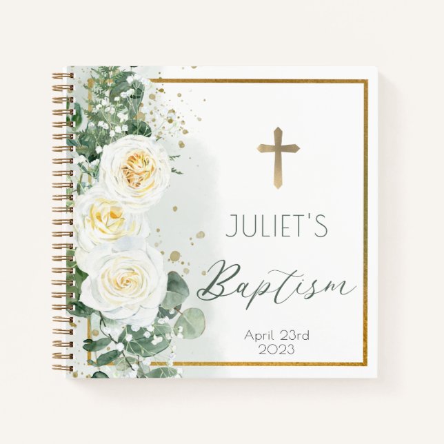 Roses Eucalyptus Floral Girl Baptism Guest Book (Front)