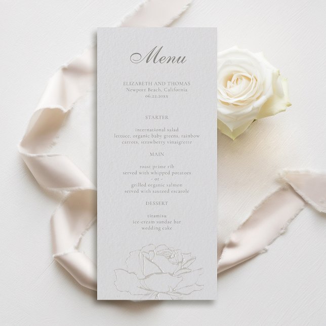Roses Faux Embossed Formal Ivory Classic Wedding Menu (formal wedding menu card traditional faux embossed roses floral ivory modern classic narrow)