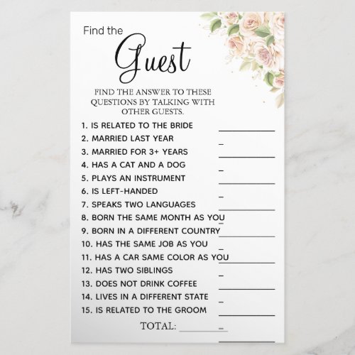 Roses Find the Guest Bridal shower game card Flyer