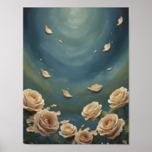 Roses & Floating Petals Teal Blue Oil Painting Poster