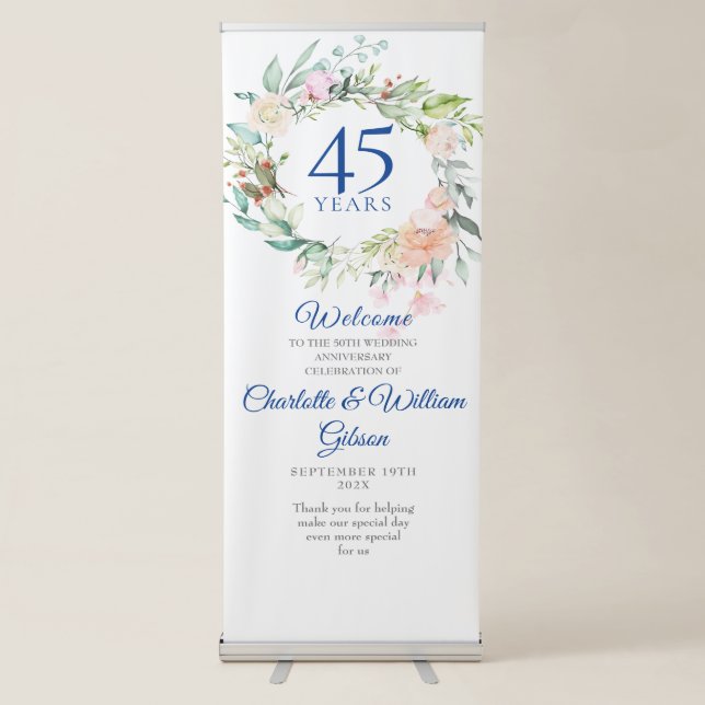 Roses Floral 45th 65th Anniversary Welcome Retractable Banner (Front)