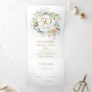 Roses Floral 50th Golden Anniversary Wedding Photo Tri-Fold Invitation