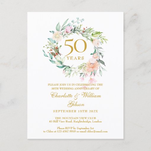 Roses Floral 50th Golden Wedding Anniversary Photo Invitation Postcard ...