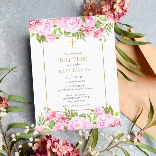 Roses Floral Baptism Christening Invitation