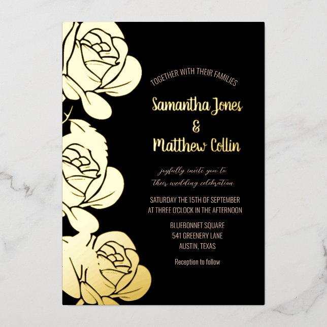 Roses Floral Boho Black Gold Foil Wedding Foil Invitation (Front)