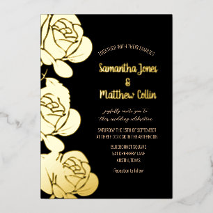 Roses Floral Boho Black Gold Foil Wedding Invitation