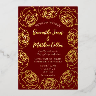 Roses Floral Boho Burgundy Pink Gold Foil Wedding Invitation