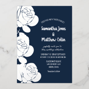 Roses Floral Boho Navy Blue Gold Foil Wedding Invitation