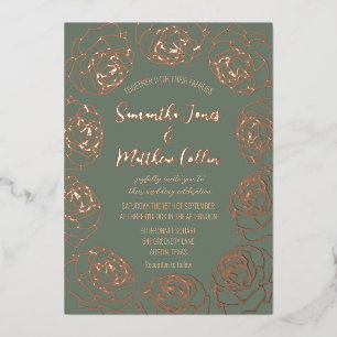 Roses Floral Boho Sage Green Gold Foil Wedding Invitation