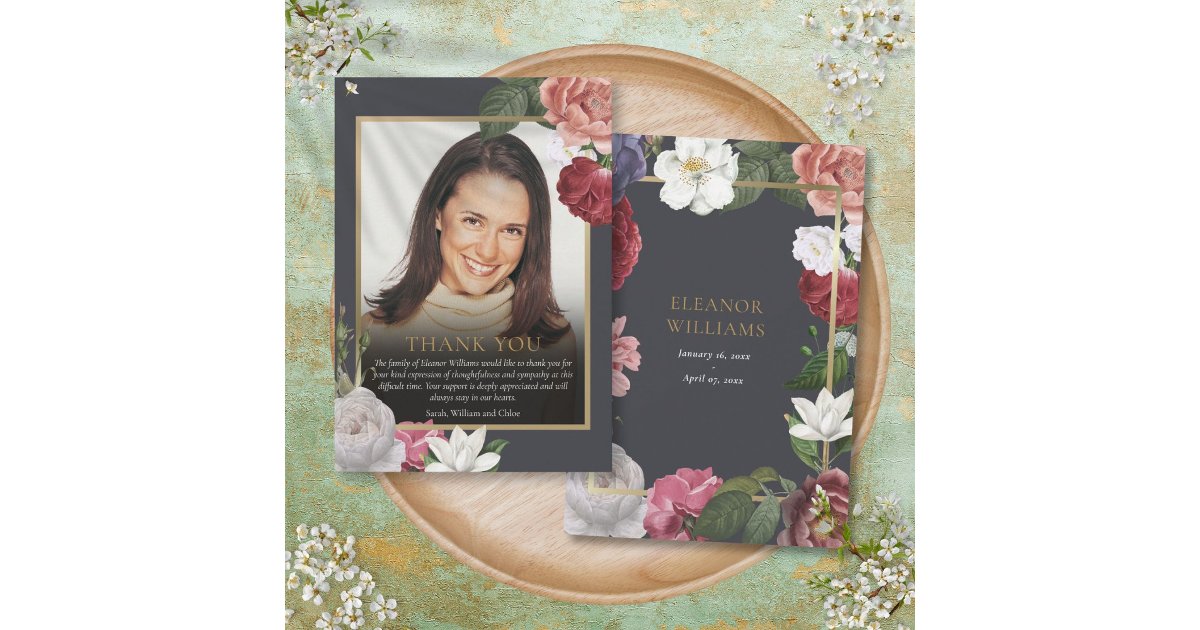 Roses Floral Celebration of Life Funeral Photo Thank You Card | Zazzle