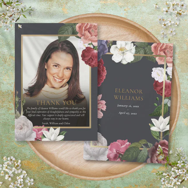 Roses Floral Celebration of Life Funeral Photo Thank You Card | Zazzle