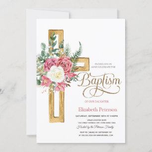 Roses Floral Cross,Dotted Baptism Invitation