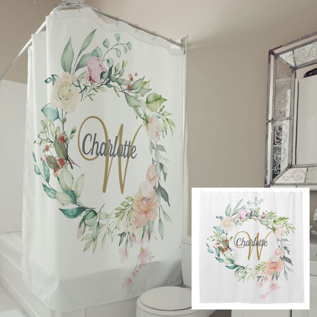 Roses Floral Elegant Gold Script Monogram Shower Curtain (Roses Floral Elegant Gold Script Monogram Shower Curtain)