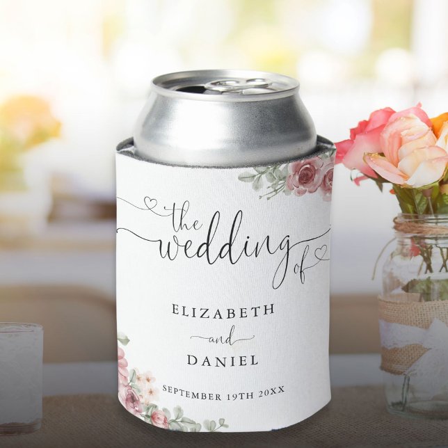 Roses Floral Elegant Heart Script Wedding Can Cooler (Roses Floral Elegant Heart Script Wedding Can Cooler)