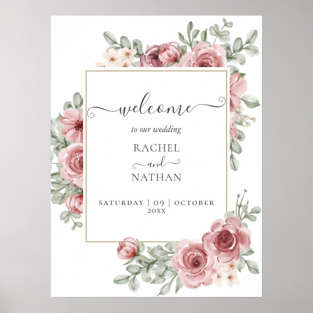 Roses Floral Elegant Modern Wedding Welcome Sign (Front)