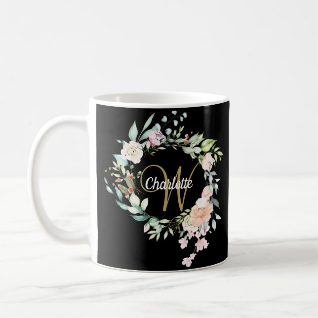 Roses Floral Elegant Script Monogram Gold Black Coffee Mug (Left)
