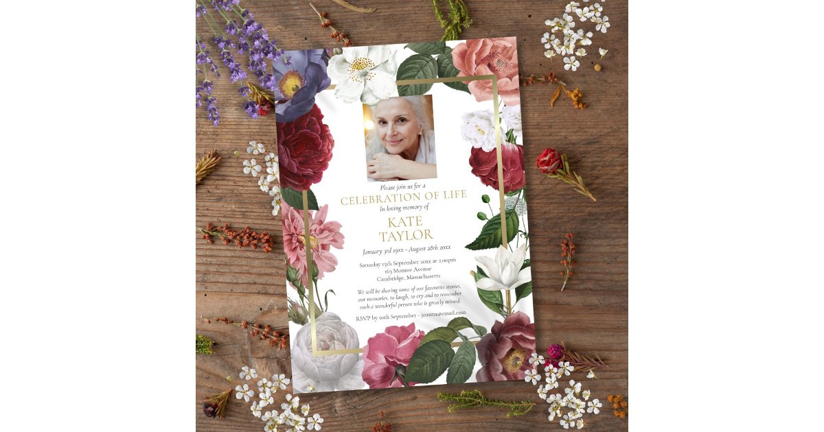 Roses Floral Funeral Photo Celebration of Life Invitation | Zazzle