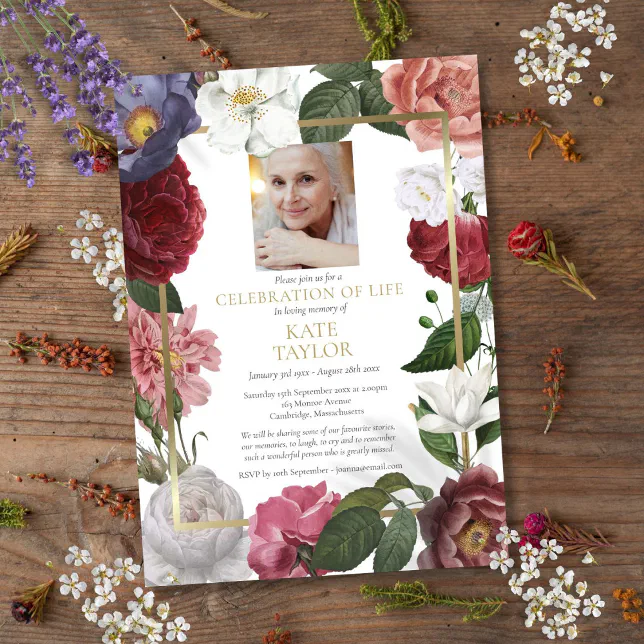 Roses Floral Funeral Photo Celebration of Life Invitation | Zazzle