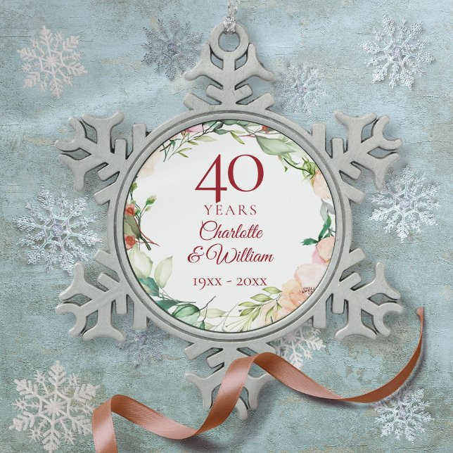 Roses Floral Garland 40th Wedding Anniversary Snowflake Pewter Christmas Ornament (Roses Floral Garland 40th Wedding Anniversary Snowflake Pewter Christmas Ornament)