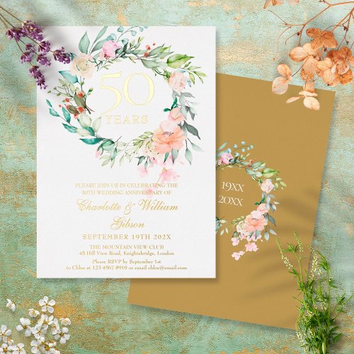 Roses Floral Garland 50th Wedding Anniversary Gold Foil Invitation