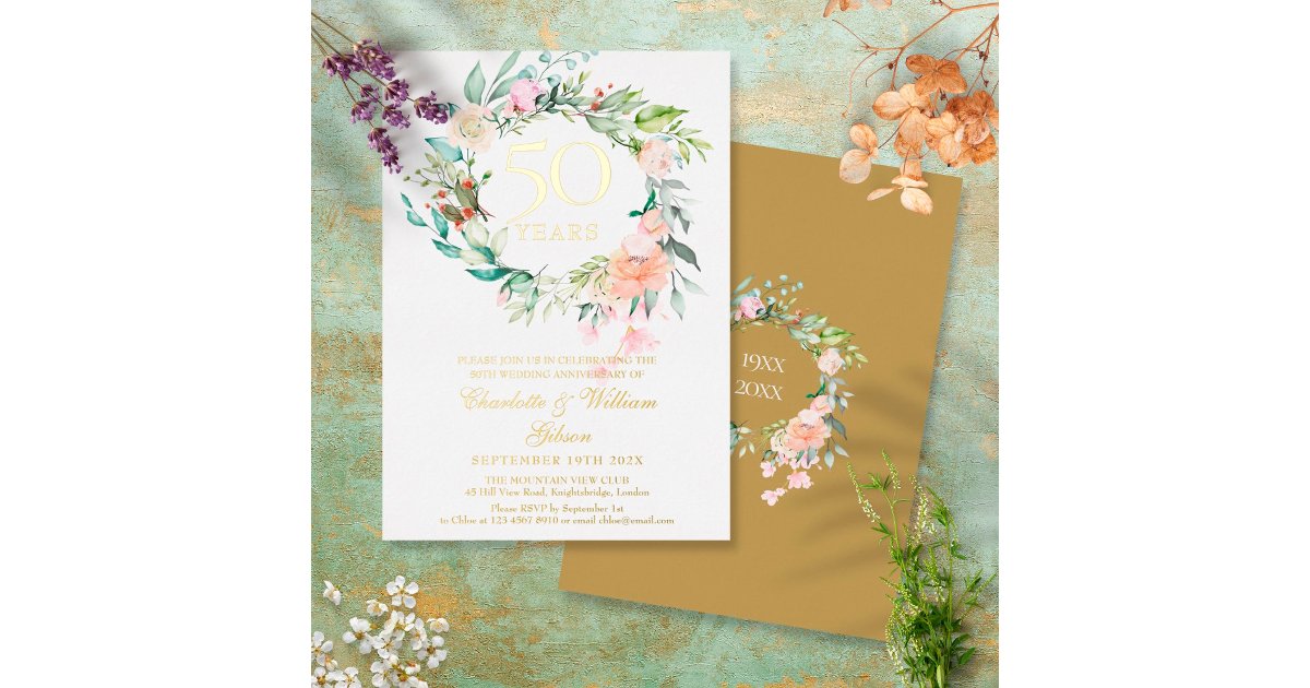 Roses Floral Garland 50th Wedding Anniversary Gold Foil Invitation | Zazzle