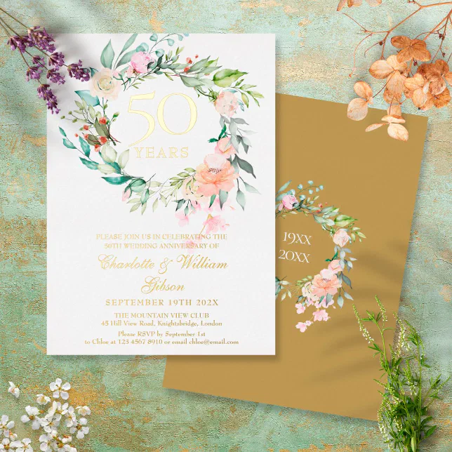 Roses Floral Garland 50th Wedding Anniversary Gold Foil Invitation | Zazzle