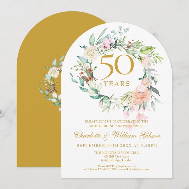 Roses Floral Garland 50th Wedding Anniversary Invitation (Front/Back)