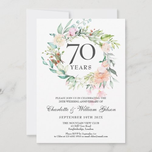 Roses Floral Garland 70th Wedding Anniversary Invitation