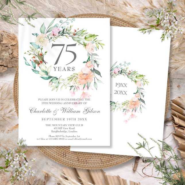 Roses Floral Garland 75th Wedding Anniversary Invitation (Roses Floral Garland 75th Wedding Anniversary Invitation)