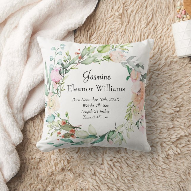 Roses Floral Garland Baby Birth Stats  Throw Pillow (Blanket)