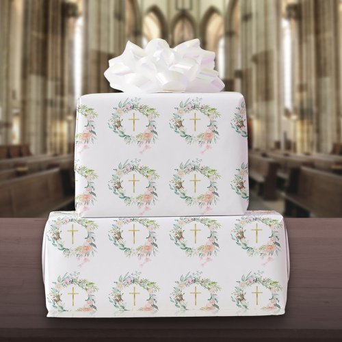 Roses Floral Garland Christian Gold Cross  Wrapping Paper