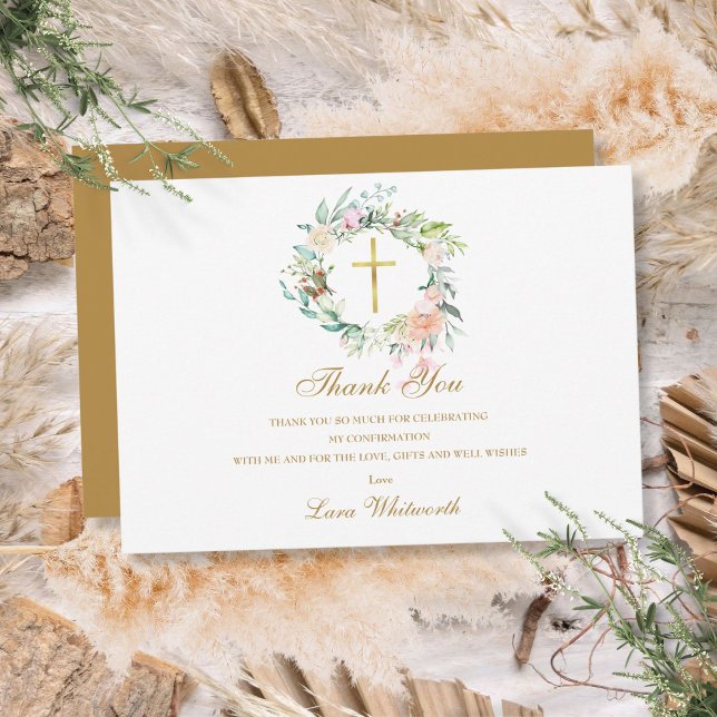 Roses Floral Garland Confirmation Gold Script Thank You Card (Roses Floral Garland Confirmation Gold Script Thank You Card)