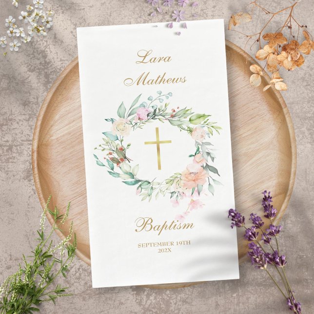 Roses Floral Garland Gold Baptism Christening Paper Guest Towels (Roses Floral Garland Gold Baptism Christening Paper Guest Towels)