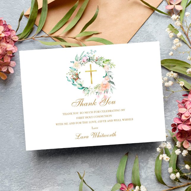 Roses Floral Garland Gold First Holy Communion Thank You Card (Creator Uploaded)