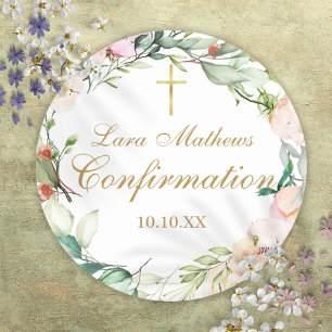 Roses Floral Garland Gold Script Confirmation Classic Round Sticker