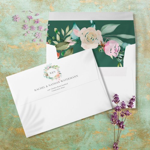 Roses Floral Garland Monogram Return Address Envelope