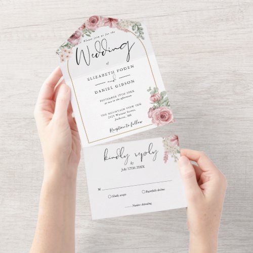 Roses Floral Gold Arch Elegant Script Wedding All In One Invitation