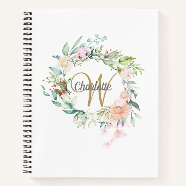 Roses Floral Gold Monogram Girly Script Notebook (Front)
