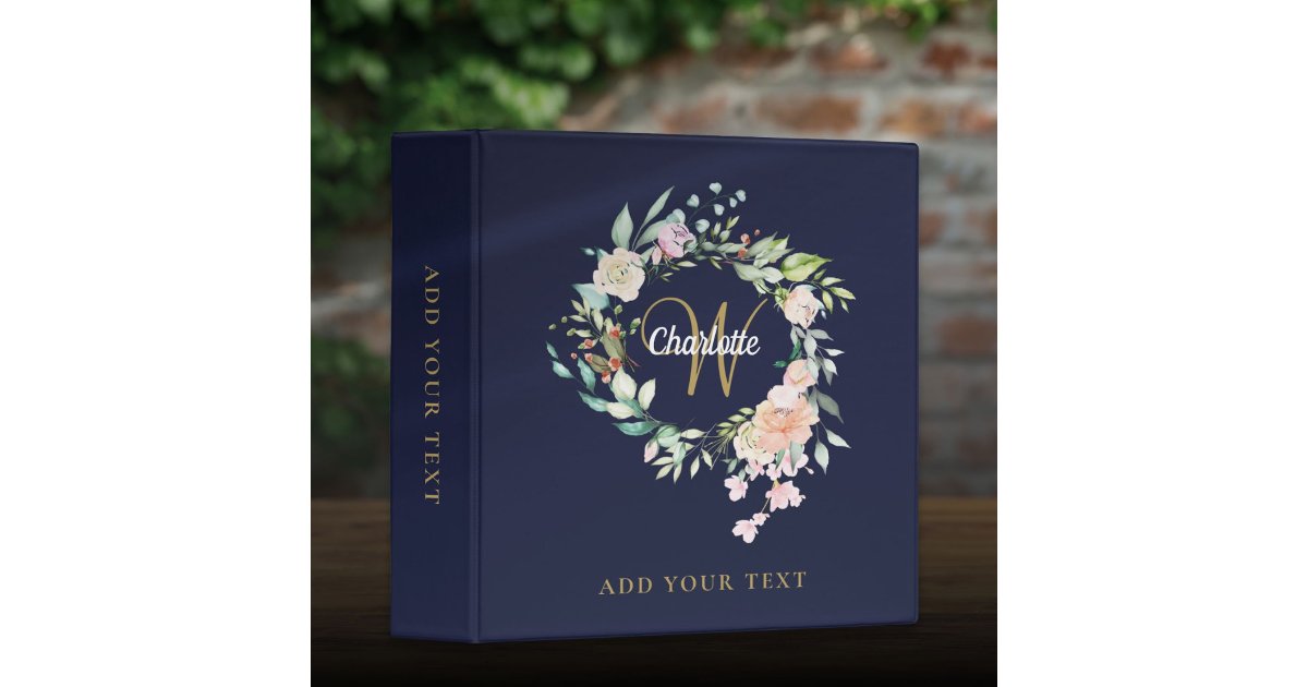 Roses Floral Gold Monogram Navy Blue Office School 3 Ring Binder | Zazzle