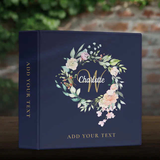 Roses Floral Gold Monogram Navy Blue Office School 3 Ring Binder | Zazzle