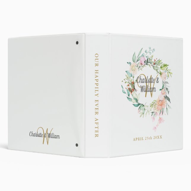 Roses Floral Gold Monogram Wedding Album 3 Ring Binder (Background)